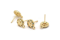 Gold Snowflake Earring, 4 Gold Plated Brass Round Shaped Snowflake Stud Earrings With 1 Loop, CZ Pave, Zircon Stud Earrings (10x8mm) SY0201