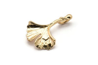 Gold Gingko Pendant, Gold Plated Brass Gingko Leaf Charm With 2 Loops (23x16mm) B-3