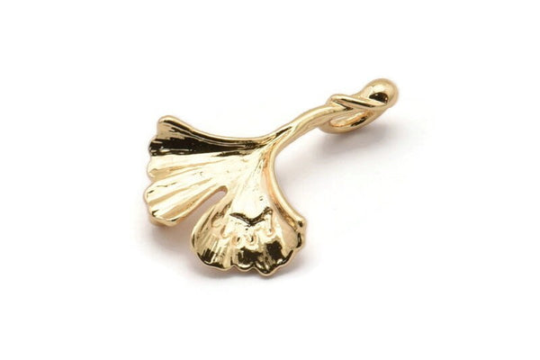 Gold Gingko Pendant, Gold Plated Brass Gingko Leaf Charm With 2 Loops (23x16mm) B-3