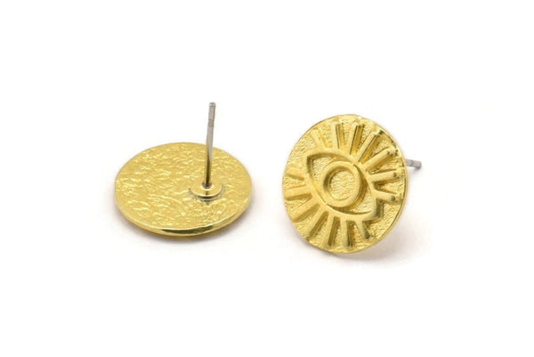 Brass Round Earring, 4 Raw Brass Eye Shaped Round Stud Earrings (14x1.5mm) N1909