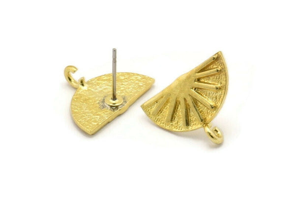 Brass Earring Posts, 4 Raw Brass Semi Circle Sun Shaped Earrings Stud With 1 Loop, Half Moon Studs, Sun Studs (13x17x1.5mm) N1907