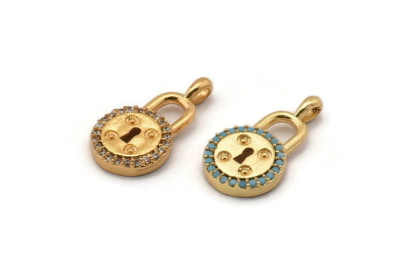 Gold Round Lock Charm, Gold Plated Round Lock, Cubic Zircon, 2 CZ Pave Round Lock Charms, Zircon Charm Pendants With 1 Loop (20x11mm) SY0239