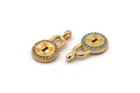 Gold Round Lock Charm, Gold Plated Round Lock, Cubic Zircon, 2 CZ Pave Round Lock Charms, Zircon Charm Pendants With 1 Loop (20x11mm) SY0239