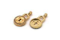 Gold Round Lock Charm, Gold Plated Round Lock, Cubic Zircon, 2 CZ Pave Round Lock Charms, Zircon Charm Pendants With 1 Loop (20x11mm) SY0239