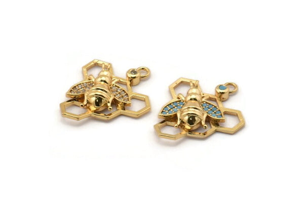 Gold Bee Charm, Gold Plated Bee, Cubic Zircon, CZ Pave Bee Charm, Zircon Charm Pendants With 1 Loop (24x20mm) SY0227