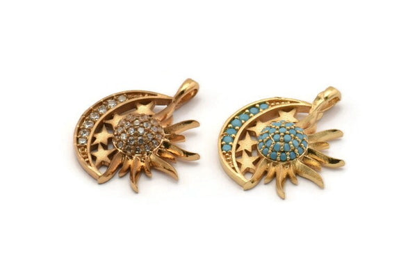 Gold Crescent Charm, Gold Plated Sun, Cubic Zircon, CZ Pave Crescent And Sun Charm, Zircon Charm Pendants With 1 Loop (21x17mm) SY0224