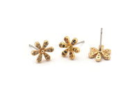 Gold Flower Earring, 4 Gold Plated Brass Flower Stud Earrings, CZ Pave Earrings, Zircon Flower Stud Earrings (10x9mm) SY0249