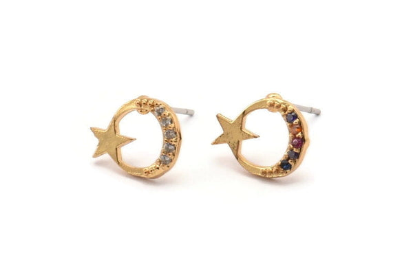 Gold Moon Earring, 4 Gold Plated Brass Crescent Moon And Star Stud Earrings, CZ Pave, Zircon Earrings (9x12mm) SY0252