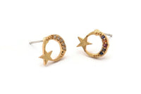 Gold Moon Earring, 4 Gold Plated Brass Crescent Moon And Star Stud Earrings, CZ Pave, Zircon Earrings (9x12mm) SY0252