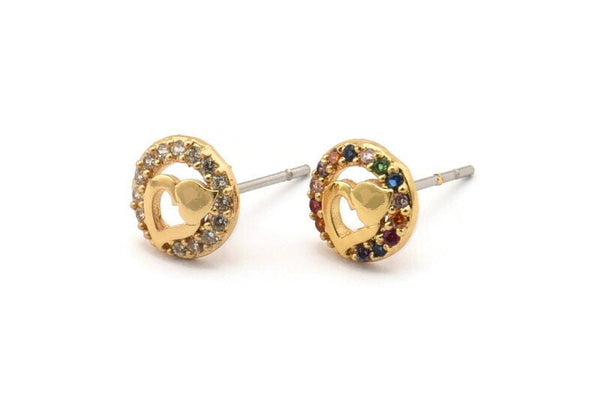 Gold Heart Earring, 4 Gold Plated Brass Round Shaped Heart Stud Earrings, CZ Pave Earrings, Zircon Heart Stud Earrings (8mm) SY0275