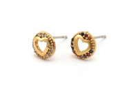 Gold Heart Earring, 4 Gold Plated Brass Round Shaped Heart Stud Earrings, CZ Pave Earrings, Zircon Heart Stud Earrings (8mm) SY0251