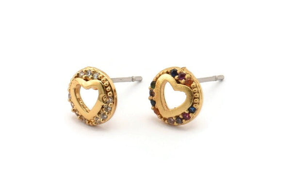 Gold Heart Earring, 4 Gold Plated Brass Round Shaped Heart Stud Earrings, CZ Pave Earrings, Zircon Heart Stud Earrings (8mm) SY0251
