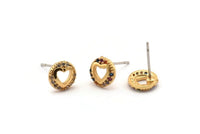 Gold Heart Earring, 4 Gold Plated Brass Round Shaped Heart Stud Earrings, CZ Pave Earrings, Zircon Heart Stud Earrings (8mm) SY0251