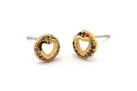 Gold Heart Earring, 4 Gold Plated Brass Round Shaped Heart Stud Earrings, CZ Pave Earrings, Zircon Heart Stud Earrings (8mm) SY0251