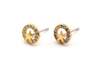Gold Star Earring, 4 Gold Plated Brass Round Shaped Star Stud Earrings, CZ Pave Earrings, Zircon Star Stud Earrings (8mm) SY0246