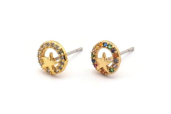 Gold Star Earring, 4 Gold Plated Brass Round Shaped Star Stud Earrings, CZ Pave Earrings, Zircon Star Stud Earrings (8mm) SY0246