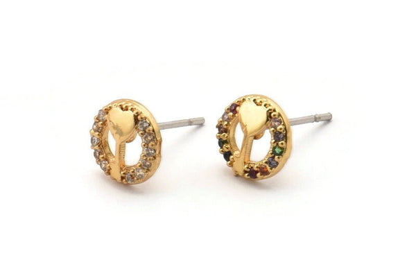 Gold Heart Key Earring, 4 Gold Plated Brass Round Shaped Heart Key Stud Earrings, CZ Pave, Zircon Heart Key Stud Earrings (8mm) SY0276