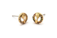 Gold Heart Key Earring, 4 Gold Plated Brass Round Shaped Heart Key Stud Earrings, CZ Pave, Zircon Heart Key Stud Earrings (8mm) SY0276
