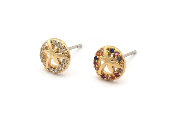 Gold Dragonfly Earring, 4 Gold Plated Brass Round Shaped Dragonfly Stud Earrings, CZ Pave, Zircon Dragonfly Stud Earrings (8mm) SY0280