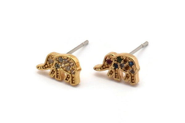 Gold Elephant Earring, 4 Gold Plated Brass Elephant Shaped Stud Earrings, CZ Pave Earrings, Zircon Elephant Stud Earrings (6x9mm) SY0258