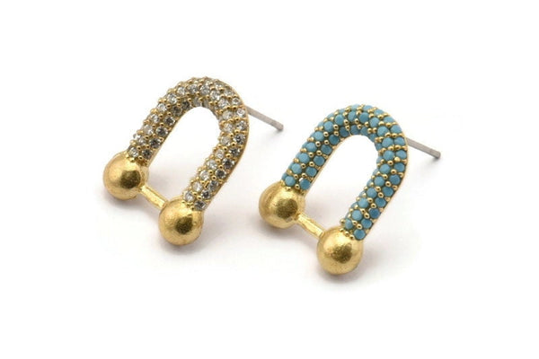 Brass U Shaped Earring, 2 Raw Brass U Shaped Zircon Stud Earrings (16x13mm) SY0265