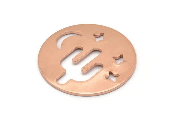 Copper Round Blank, 8 Raw Copper Cactus Patterned Blanks, Moon And Star Findings, Stamping Tags (22x0.80mm) M02955