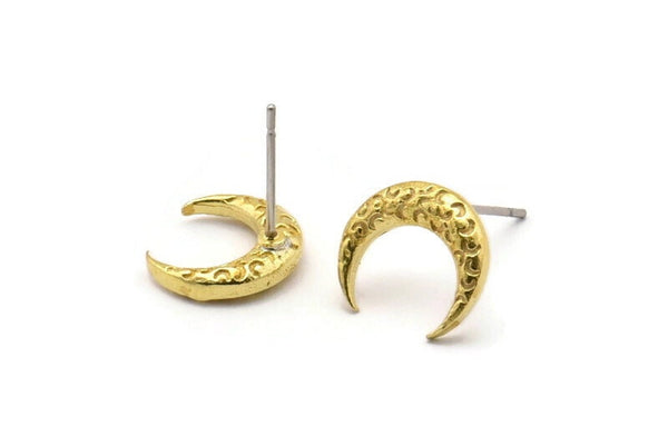 Brass Moon Earring, 6 Raw Brass Textured Horn Stud Earrings, Jewelry Finding (12x3.50x3mm) N0303 A1193