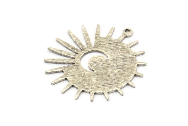 Silver Sun Charm, 4 Textured Antique Silver Plated Brass Sun And Crescent Charms With 1 Loop, Findings (29x28x0.80mm) M02008