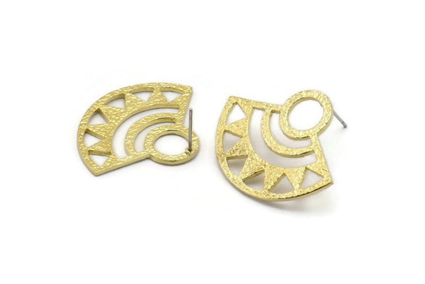 Brass Ethnic Earring, 2 Raw Brass Semi Circle Stud Earrings With 1 Hole (32x26x1mm) E664 A1278