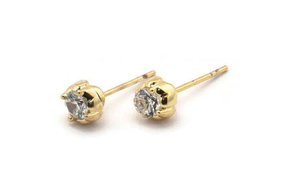 Gold Round Earring, 4 Gold Plated Brass Heart Shaped Round Stud Earrings (6mm) SY0210