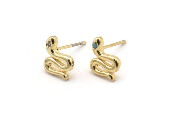 Gold Snake Earring, 4 Gold Plated Brass Snake Stud Earrings, CZ Pave Earrings, Zircon Snake Stud Earrings (11x8mm) SY0197