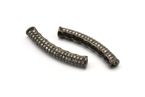 Curved Tube Bead, Gunmetal Curved Tube, CZ Cubic Zirconia Micro Pave Bead (32x5mm) B-3