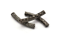 Curved Tube Bead, Gunmetal Curved Tube, CZ Cubic Zirconia Micro Pave Bead (32x5mm) B-3