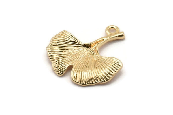 Gold Ginkgo Pendant, Gold Plated Brass Ginkgo Leaf Charm With 1 Loop (23x22mm) B-3