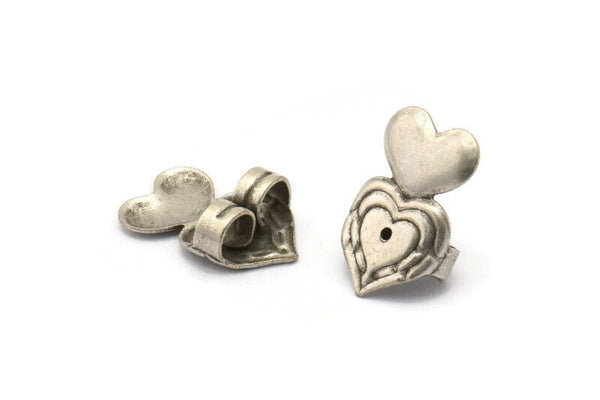 Silver Heart Stopper, 24 Antique Silver Plated Brass Heart Earring Back Stopper, Earring Stud Back Stoppers (15x10mm) D1055