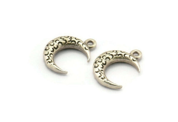 Gümüş Kaplama Hilal, 12 Antik Gümüş Kaplama Dokulu Boynuz Tılsımı, Kolye Ucu, Mücevher Parçası (12x4x3mm) N0335