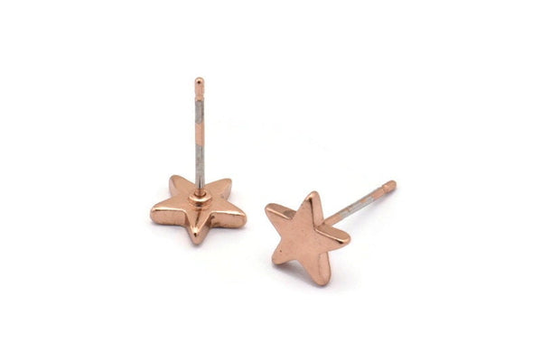 Rose Gold Star Earring, 6 Rose Gold Plated Brass Star Stud Earrings (8mm) D1467