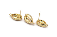 Gold Shell Earring, 2 Gold Plated Brass Cowrie Shell Stud Earrings With 1 Loop, Findings (20x11mm) N0910