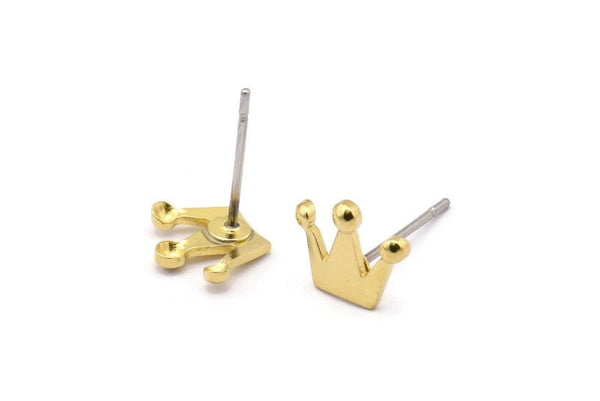 Brass Crown Earring, 12 Raw Brass King Crown Stud Earrings (9x8x0.80mm) D1376 A1409