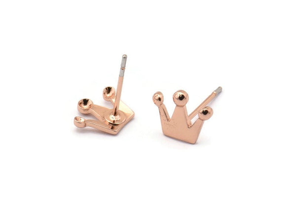 Rose Gold Crown Earring, 6 Rose Gold Plated Brass King Crown Stud Earrings (9x8x0.80mm) D1376 A1409