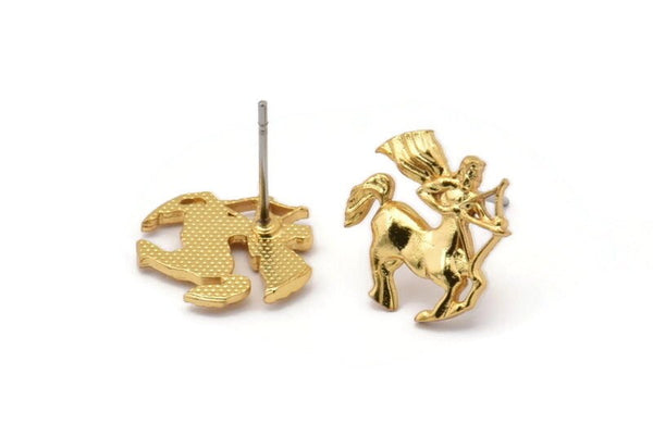 Gold Sagittarius Earring, 4 Gold Plated Brass Sagittarius Sign Stud Earrings, Zodiac Findings, Zodiac Sign Jewelries (13x13mm) SY0294