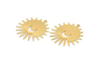 Gold Sun Charm, 2 Gold Plated Brass Sun And Crescent Charms With 1 Loop, Findings (29x28x0.80mm) M02012