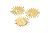 Gold Sun Charm, 2 Gold Plated Brass Sun And Crescent Charms With 1 Loop, Findings (29x28x0.80mm) M02012