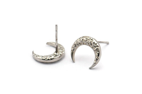 Silver Moon Earring, 4 Silver Tone Brass Textured Horn Stud Earrings, Jewelry Finding (12x3.50x3mm) N0303 A1193