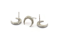 Silver Moon Earring, 4 Silver Tone Brass Textured Horn Stud Earrings, Jewelry Finding (12x3.50x3mm) N0303 A1193