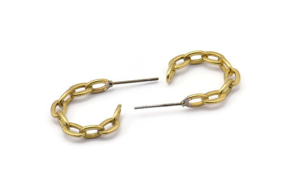 Brass Chain Earring, 4 Raw Brass Soldered Chain Shaped Stud Earrings (20x4mm) N1933