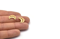 Gold Moon Charm, 6 Textured Gold Plated Brass Crescent Moon Phases Charms With 1 Loop And 2 Holes (15x9x1mm) M01849
