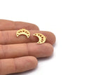 Gold Moon Charm, 6 Textured Gold Plated Brass Crescent Moon Phases Charms With 1 Loop And 2 Holes (15x9x1mm) M01849