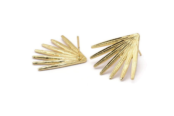 Gold Broom Earring, 2 Gold Plated Brass Broom Stud Earring (27x30x1.5mm) N1027