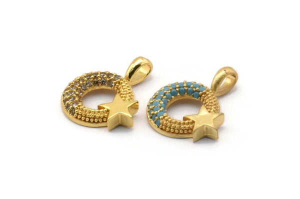 Gold Moon And Star Charms, 2 Gold Plated Brass Crescent Moon And Star Charms With 1 Loop, Pendants, Earring Findings (17x15mm) SY0168